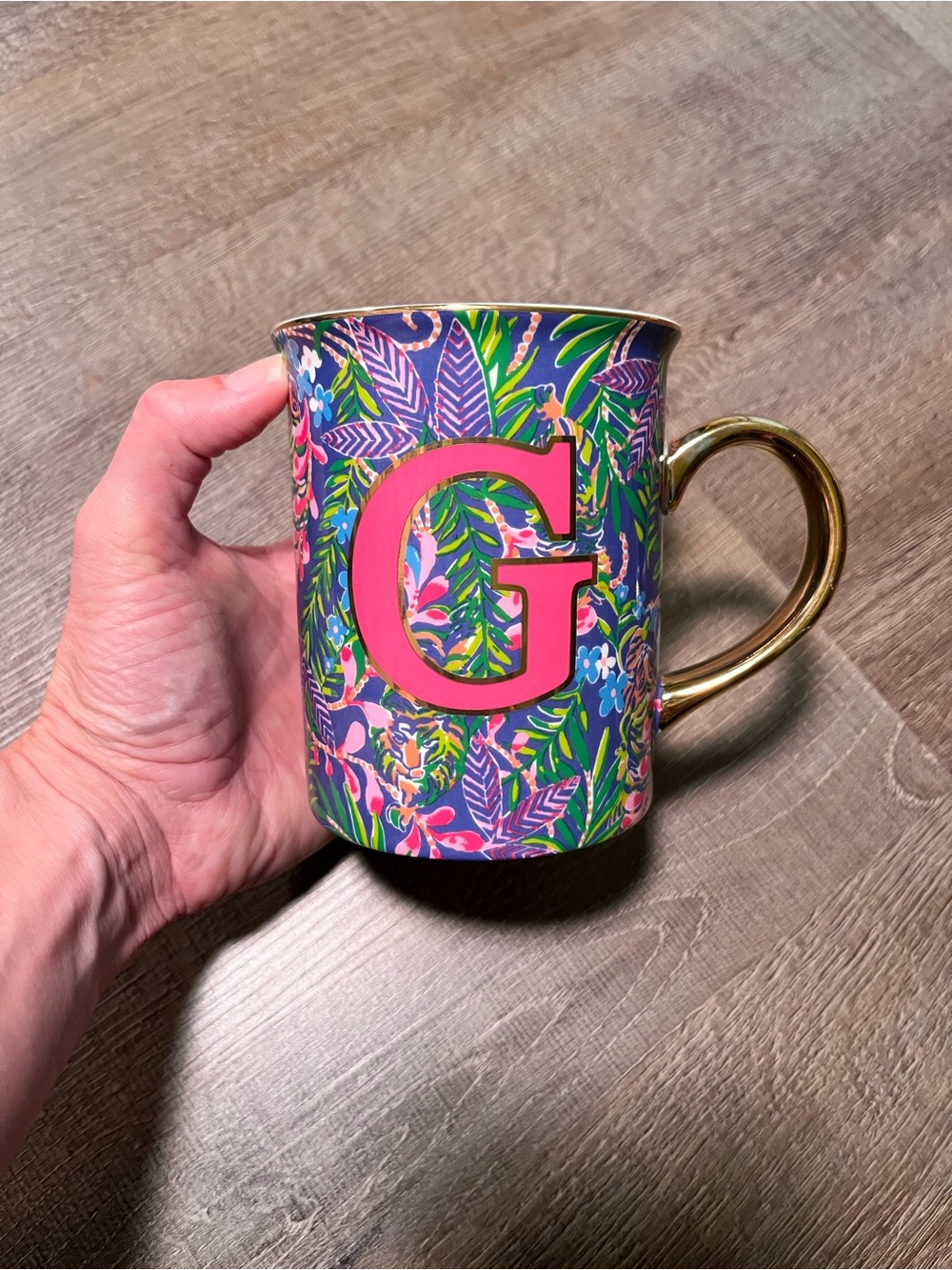 Lilly Pulitzer coffee tea mug monogrammed G jungle botanical tiger print